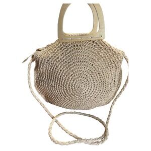 3AM Forever Round Natural Raffia Style Wood Handle Boho Straw Beach Bag